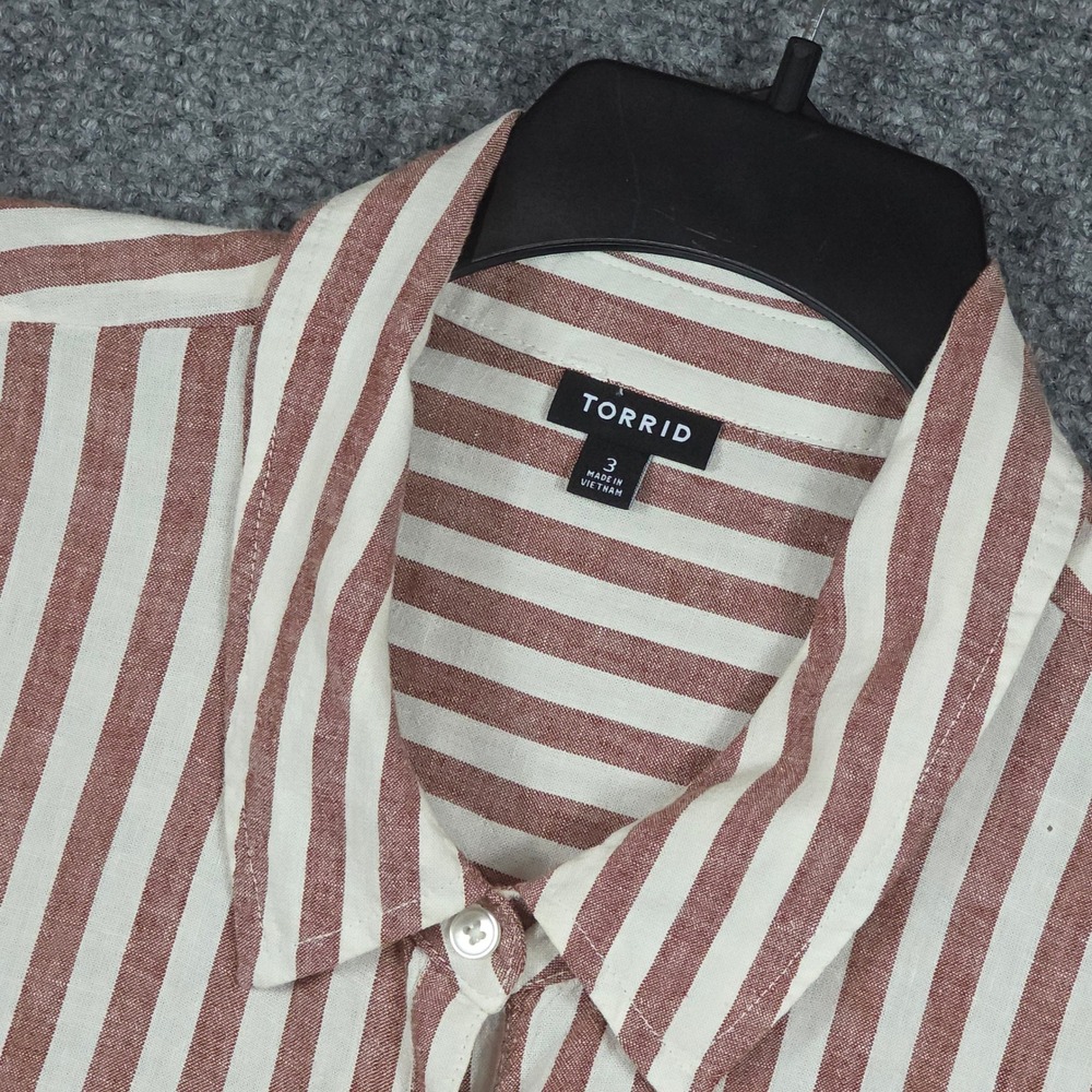 Torrid Womens 3 Long Sleeve Button Down Shirt Red White Striped Linen Blend